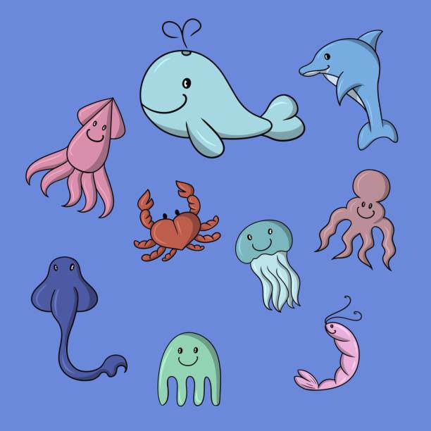 istock A set of colored icons, cute sea characters, a large whale, a squid and a stingray, vector cartoon 1420170554