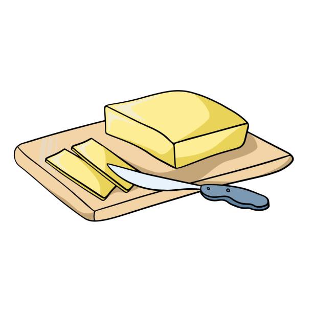 Yellow butter, cut into pieces, sharp knife, vector cartoon Yellow butter, cut into pieces, sharp knife, vector illustration in cartoon style on a white background butter margarine isolated portion stock illustrations
