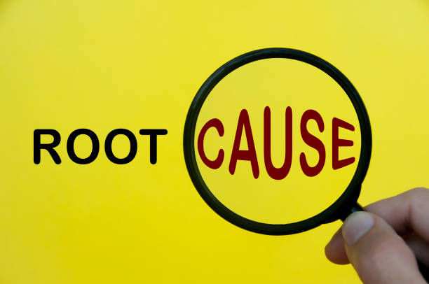 istock Close-up at root cause text through magnifying glass on yellow cover background. Root cause analysis concept 1420170615