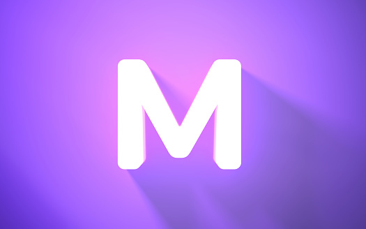 3d Render Neon Letter M on Purple Background (close-up)