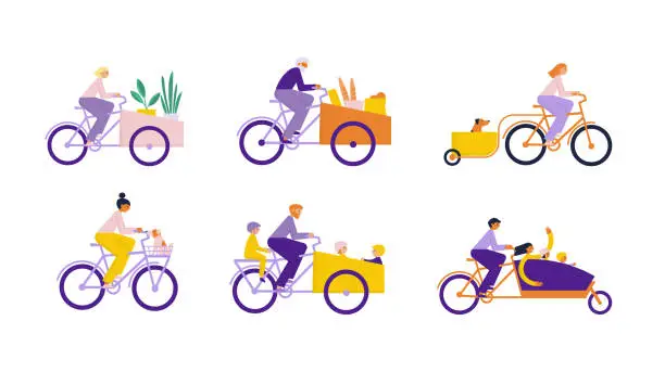 Vector illustration of People driving cargo bikes set.Men and women on bikes carry different cargo, goods, children, things