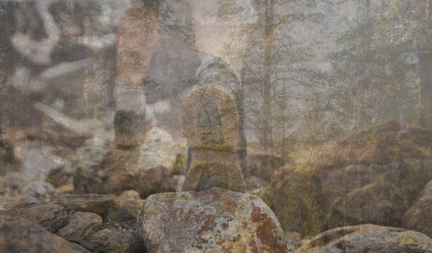 istock foot steps in the mountains. double exposure photo 1420171542