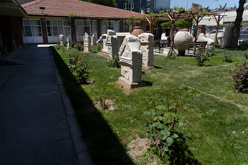 Konya , Turkey - May 13, 2022: statues on outdoor yard of Konya Archaeological Museum. The Gallery is a state museum, it was established in 1901, its present location from 1962