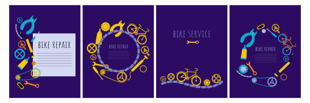 Bicycle repair postrts set. Banner, logo, advertising. Border of bike chain with tools and details. Wrench, chain, chain rings, pump, pedal, link tool, screwdriver. vector flat illustration Bicycle repair postrts set. Banner, logo, advertising. Border of bike chain with tools and details. Wrench, chain, chain rings, pump, pedal, link tool, screwdriver. vector flat illustration cycling borders stock illustrations