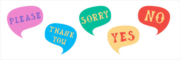 Words please, thank you, sorry, yes, no. ?omics speech bubble set with words made of letters in mexican style. Flat vector illustration Words please, thank you, sorry, yes, no. Сomics speech bubble set with words made of letters in mexican style. Flat vector illustration yes no icon stock illustrations