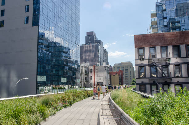 High Line pathway in New York City during summer day. \nThe High Line is an elevated freight rail line transformed into a public park on Manhattan's West Side. It is owned by the City of New York, and maintained and operated by Friends of the High Line.