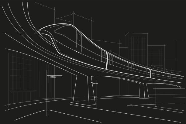 istock Linear abstract architectural sketch city street with monorail on black background 1420174434