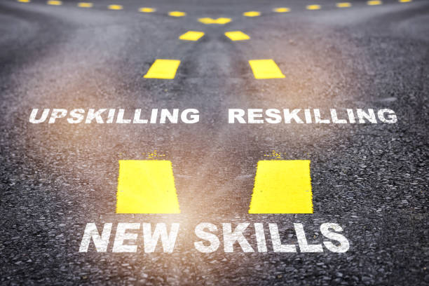 New skills, reskilling and upskilling written on asphalt road Self development for wellbeing concept and changing skill demand idea reskilling revolution stock pictures, royalty-free photos & images