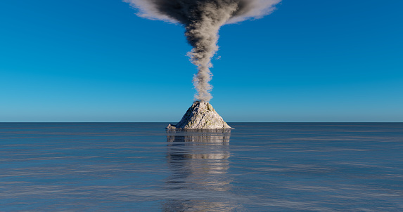 3d rendering. Illustration of a volcano eruption on a rocky island in the ocean against a blue sky. Emission of a large amount of smoke.
