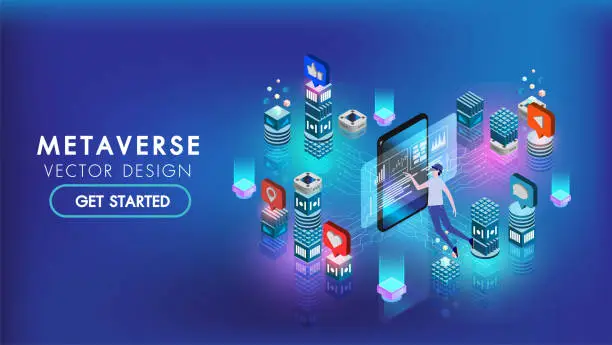 Vector illustration of Metaverse VR flyer banner abstract technology background Hi-tech communication concept, technology, digital business, innovation, science fiction scene vector illustration with copy-space.