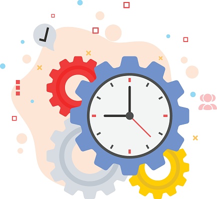 Three cogwheels sync with each other stock illustration, Daily Job time management concept, hrm symbol, gear inside clock vector color icon design, Office Timings Sign,