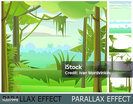 istock Rain forest. Dense thickets. View from the jungle Tropical forest panorama. Image from layers for overlay with parallax effect. Southern Rural Scenery. Illustration in cartoon style. Vector. 1420179919