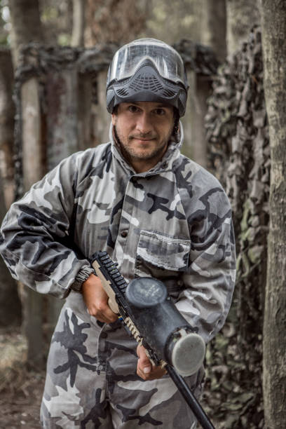 istock Portrait of a middle aged paintball team player 1420181288
