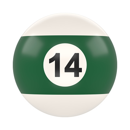 Billiard ball number fourteen in green and white color, isolated on white background. Realistic glossy billiard ball. 3d rendering 3d illustration
