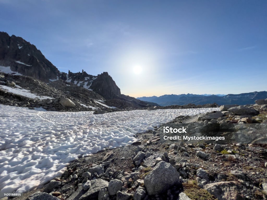 Snowcapped mountain peaks in Switzerland Summertime, snow on the mountain slopes. Alpine climate Stock Photo