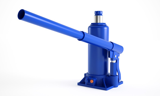 Blue car hydraulic bottle jack isolated on white background. 3D rendering