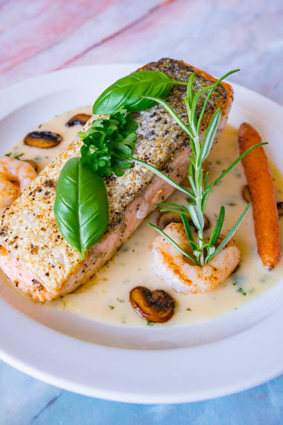 istock Salmon Steak with mushroom cream sauce 1420193143