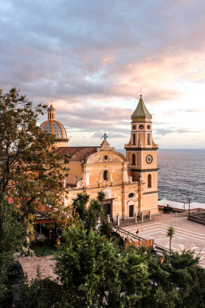 Church of San Gennaro, Praiano Praiano's church and plaza at pink sunset praiano photos stock pictures, royalty-free photos & images