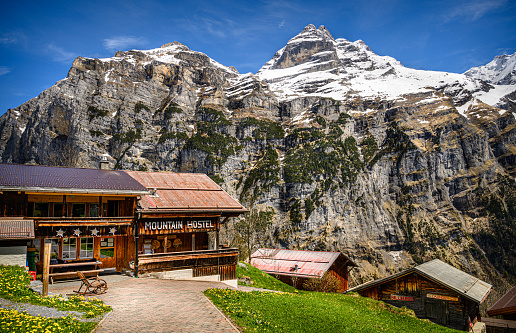Gimmelwald, Switzerland - May 09, 2021. The small mountain hostel in the Gimmelwald village in region of Bernese Oberland of the canton Bern