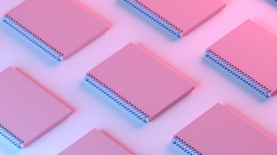 3d rendering of empty note pad on color gradient neon background, back to school