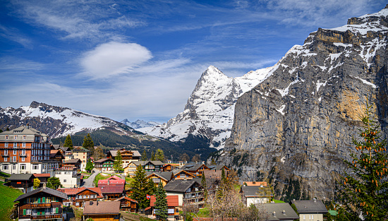 Alpine village of Murren with the Eiger mountain in the background in the Bernese Oberland region of the canton of Bern, Switzerland