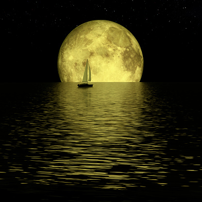 Lonely yacht in calm ocean, full yellow moon and stars - 3d rendering. Moon is a 3d model used at DAZ Studio.