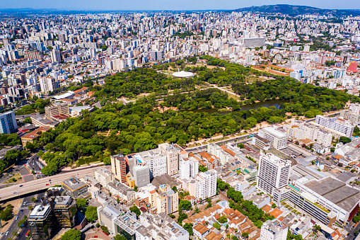 Aerial view of Farroupilha Park in the middle of the city in a sunny day