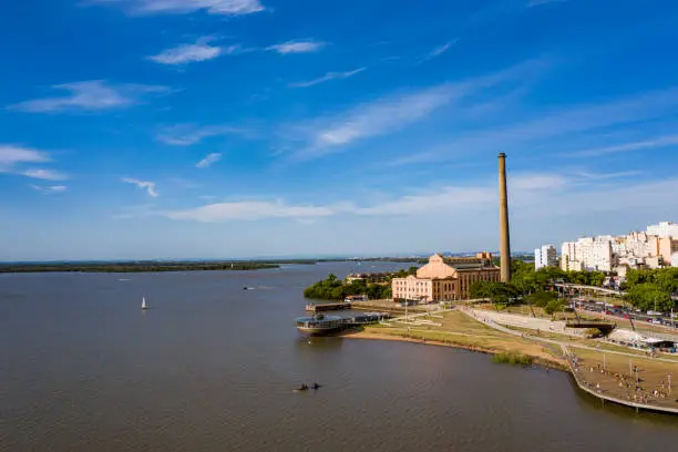 Aerial view of Guaiba lake and the city around in a sunny day