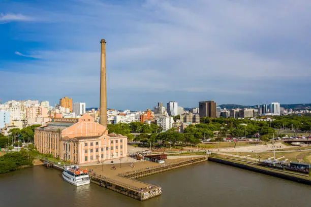 Aerial view of Guaiba lake and the city around in a sunny day