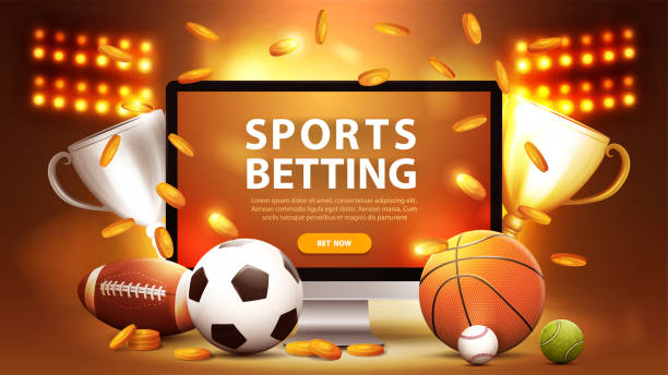 Sports betting, orange banner for website with monitor with champion cups and sport balls on background with stadium Sports betting, orange banner for website with monitor with champion cups and sport balls on background with stadium tennis online bookies stock illustrations