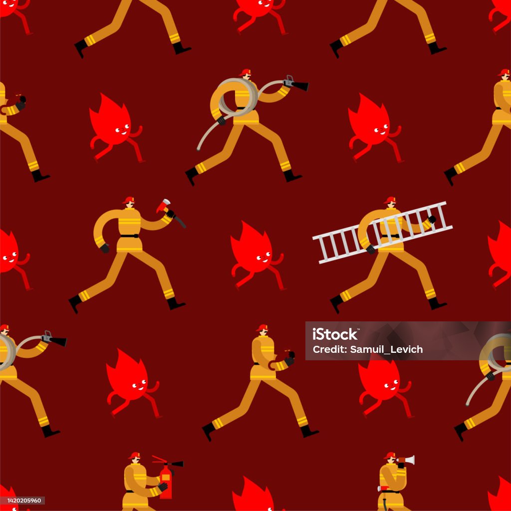 Firefighter Pattern Seamless Fireman Background Firefighter Run On Fire ...