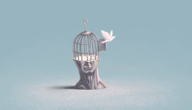 Concept idea art of freedom soul and inspiration. Surreal artwork of a bird cage on human face. 3d illustration. Conceptual painting. Concept idea art of freedom soul and inspiration. Surreal artwork of a bird cage on human face. 3d illustration. Conceptual painting. censorship stock illustrations