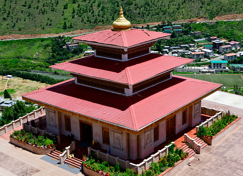 Thimphu, Bhutan: Durga Mandir, the first Hindu temple in Thimphu - Hinduism is the second largest religious affiliation in Bhutan, covering about 23% of the population, it is followed mainly by the ethnic Lhotshampa - The Shaivite, Vaishnavite, Shakta, Ganapathi, Puranic, and Vedic schools are represented among Hindus - built on a hill-side, Changbangdu area.