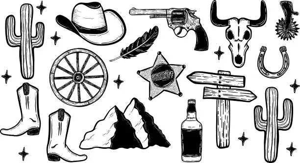 Vector illustration of Big set of vector wild west badges, texas road sign, old wooden wheel, whiskey bottle, money bag, revolver, horseshoe, sheriff badge, cowboy boots. cactus, bison cow skull, cowboy hat isolated on white. wild west collection