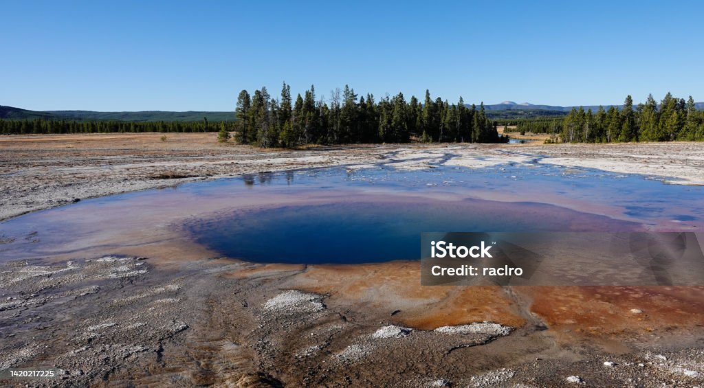 Yellowstone hot spring. Large blue and orange hot spring, Yellowstone. Beauty In Nature Stock Photo