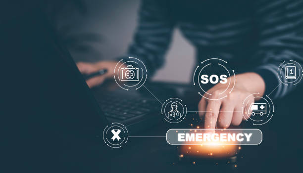 istock Hand touch button Emergency app in home, call phone, Chat message icon, Emergency application from smartphone for elderly, technology concept.Old hand touch mobile phone and call for help. 1420220183