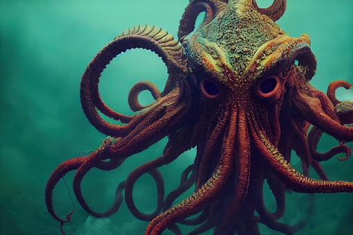Dark fantasy scene, Cthulhu, sea monster in the depths of the sea. Digital art, 3D rendering.