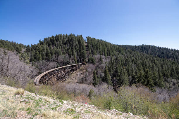 istock an old wooden bridge across a valley 1420225627