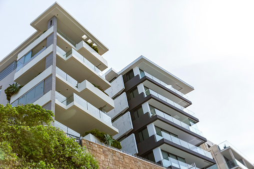 Low angle view of modern apartment buildings, Sydney Australia, background with copy space, full frame horizontal composition