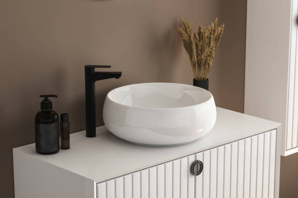 istock 3D render an wooden vanity counter with white ceramic washbasin 1420229773