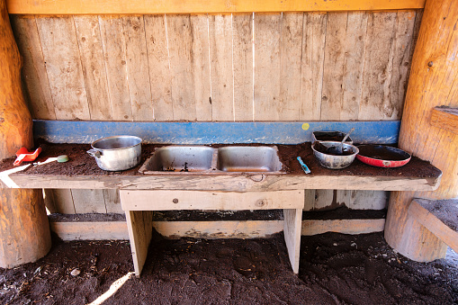 Pots and pans in the sand for creative outdoor play