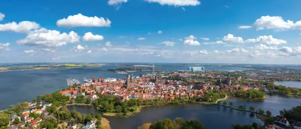 Summer skyline of Stralsund, Mecklenburg-Vorpommern, Germany. Aerial view