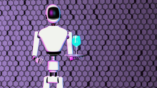 istock a service robot offers a neon blue drink (3d rendering) 1420238675