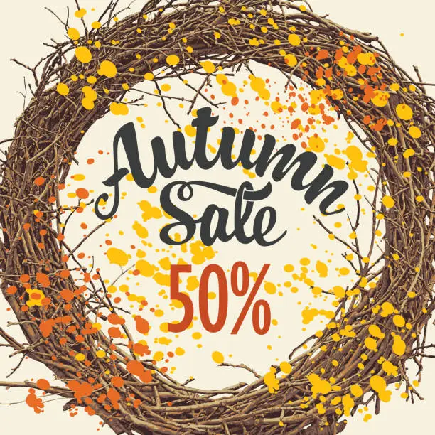 Vector illustration of Autumn sale banner with wreath of tree branches