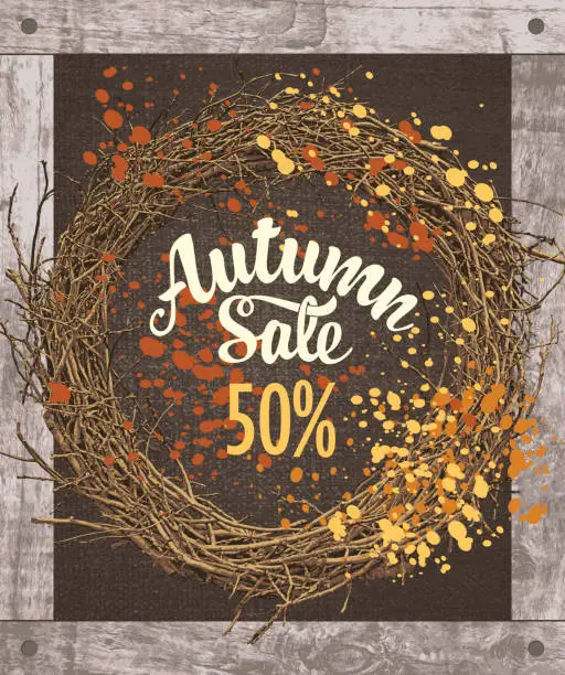 Vector illustration of Autumn sale inscription with wreath of tree branches