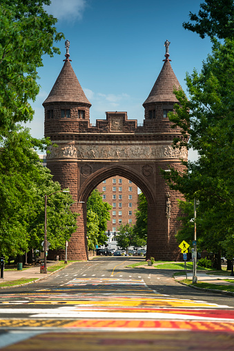 Hartford, Connecticut, USA  July 21, 2022:  Soldiers & Sailors Memorial Arch on Trinity Street by the Connecticut state capital and Bushnell Park in the downtown city of Hartford USA