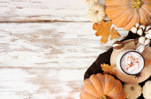 素朴な白い木の背景の上にカボチャ、葉、セーター、カボチャのスパイスラテで居心地の良い秋の両面 - latté pumpkin spice coffee ストックフォトと画像