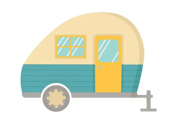 Vector illustration of Doodle flat clipart. Travel car, trailer. All objects are repainted.