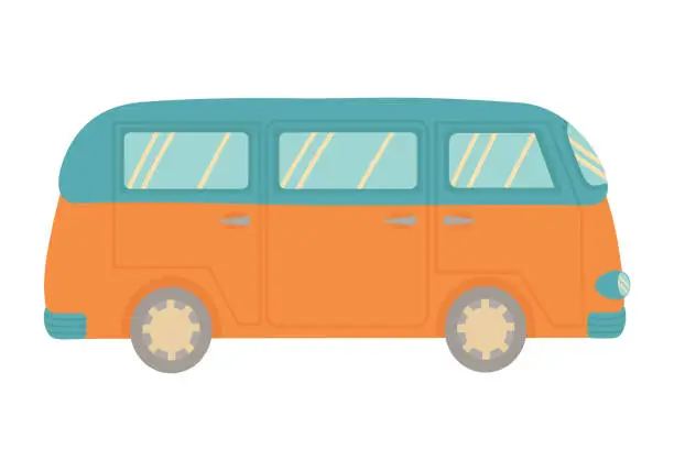 Vector illustration of Doodle flat clipart. Travel car, trailer. All objects are repainted.