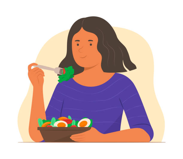 ilustraciones, imágenes clip art, dibujos animados e iconos de stock de mujer vegetariana disfruta comiendo ensalada - eating